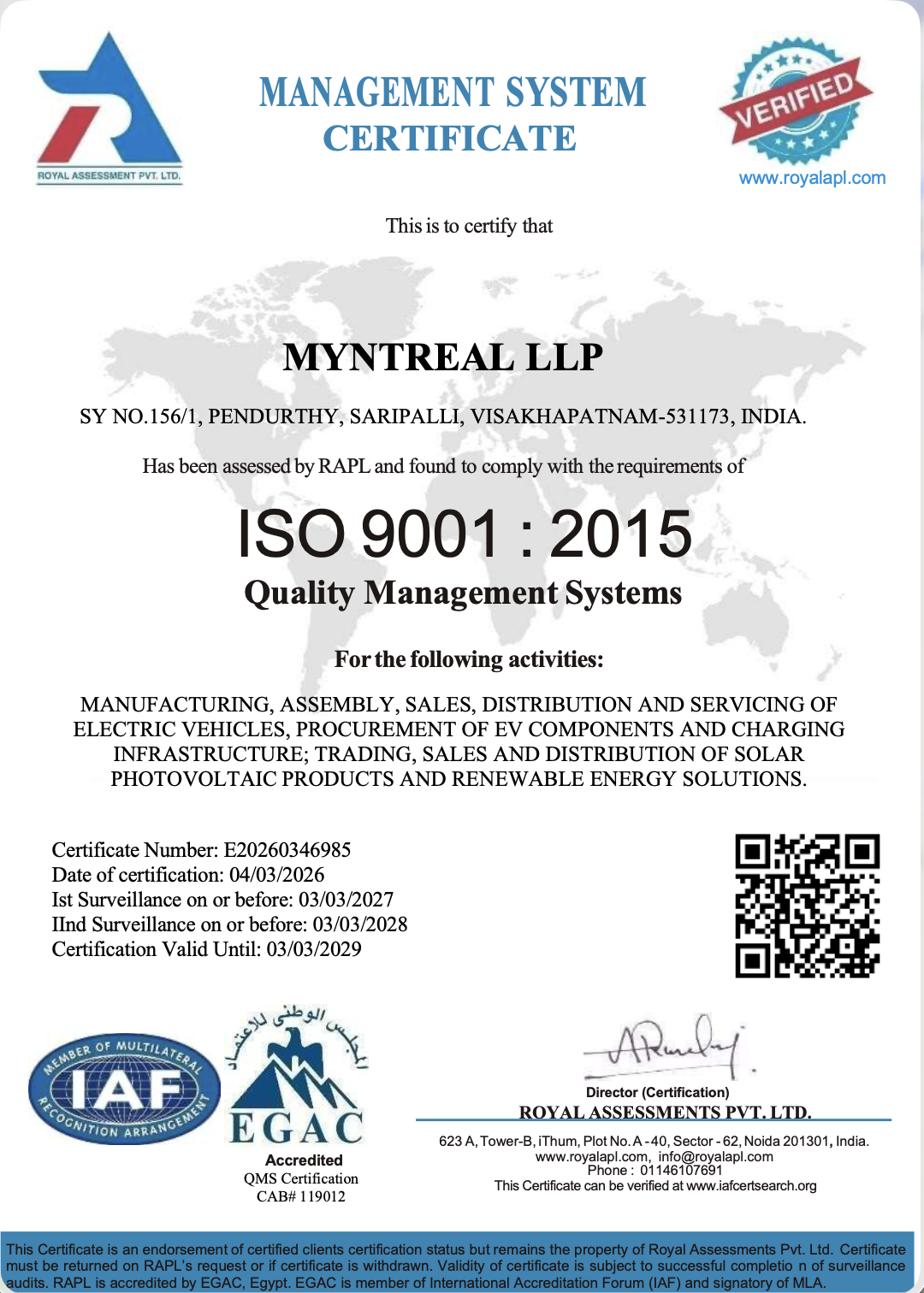 ISO 9001:2015 Certificate — Mynt Real LLP